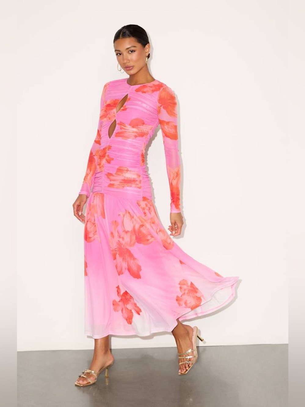 Lulu’s Alexius Pink Floral Mesh Cutout Long Sleeve Maxi Dress